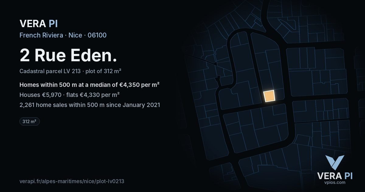 2 Rue Eden, Nice at night – the plot lit, the parcels around coloured by the prices near them