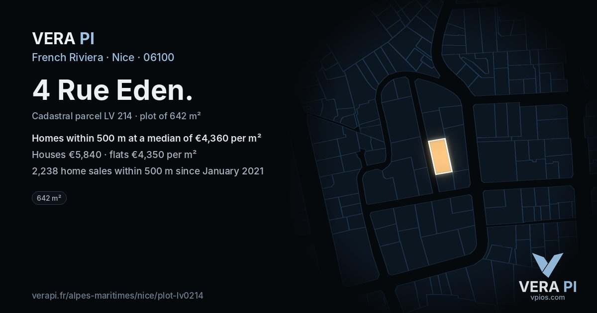 4 Rue Eden, Nice at night – the plot lit, the parcels around coloured by the prices near them