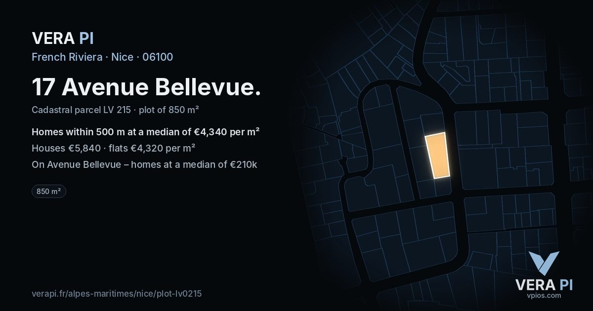 17 Avenue Bellevue, Nice at night – the plot lit, the parcels around coloured by the prices near them