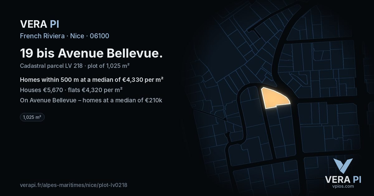 19 bis Avenue Bellevue, Nice at night – the plot lit, the parcels around coloured by the prices near them
