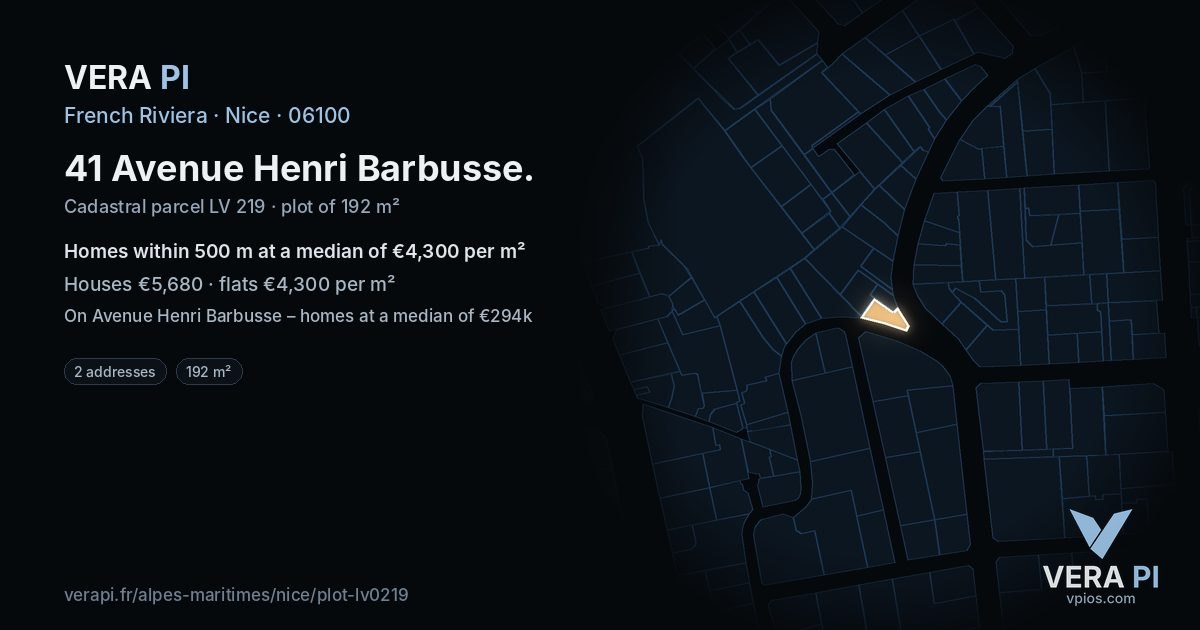 41 Avenue Henri Barbusse, Nice at night – the plot lit, the parcels around coloured by the prices near them