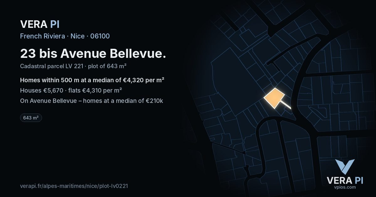 23 bis Avenue Bellevue, Nice at night – the plot lit, the parcels around coloured by the prices near them