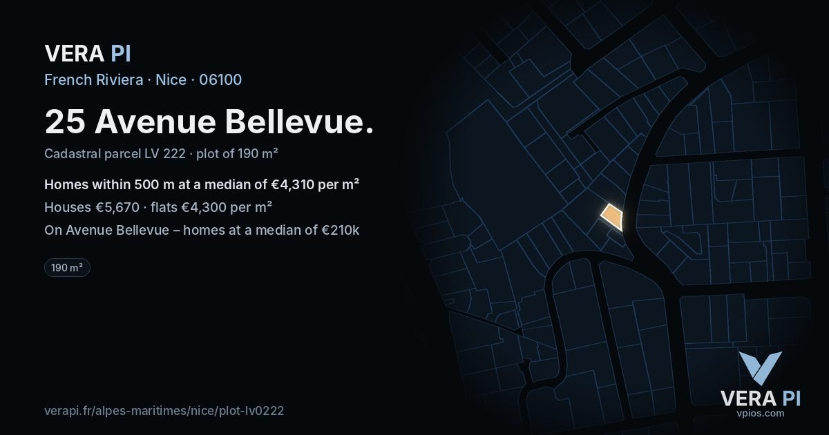 25 Avenue Bellevue, Nice at night – the plot lit, the parcels around coloured by the prices near them