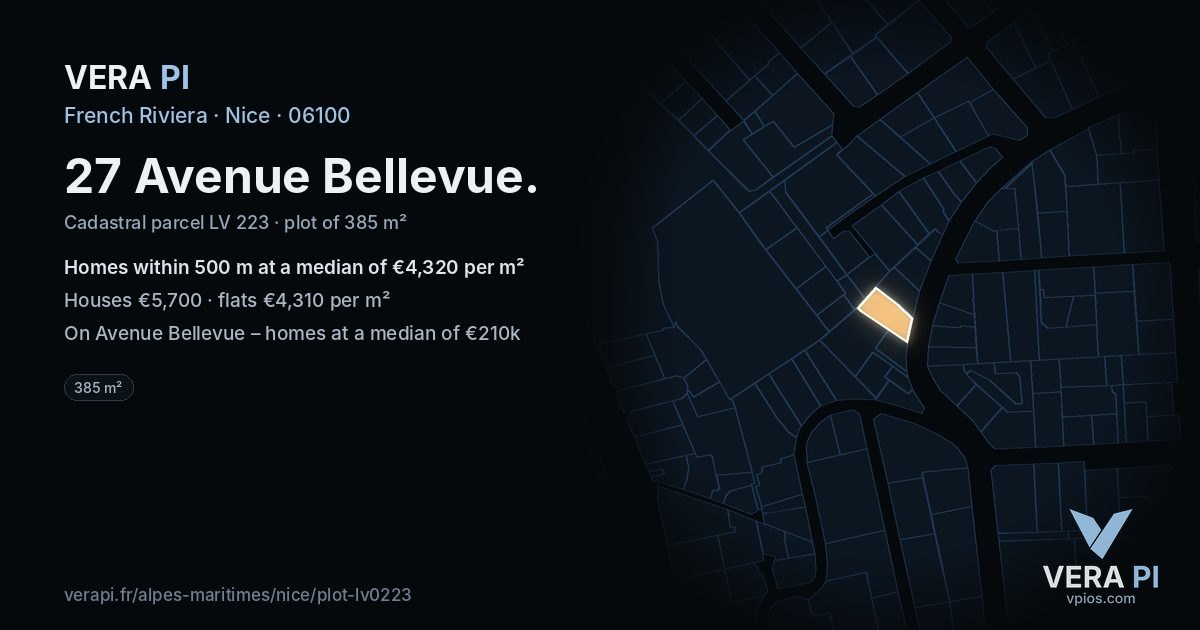 27 Avenue Bellevue, Nice at night – the plot lit, the parcels around coloured by the prices near them