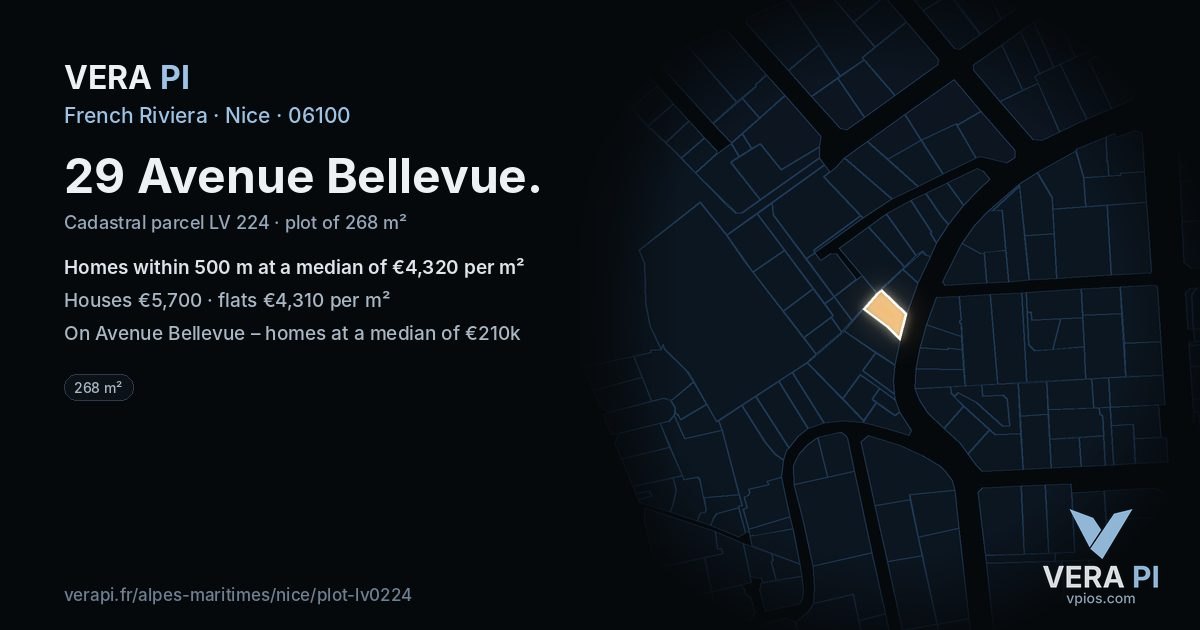 29 Avenue Bellevue, Nice at night – the plot lit, the parcels around coloured by the prices near them
