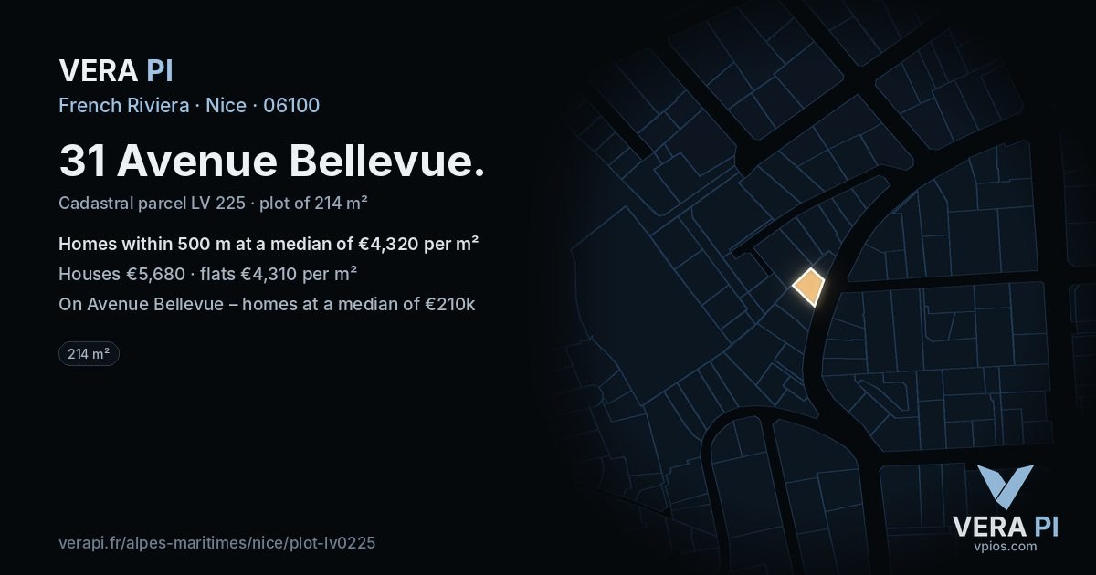31 Avenue Bellevue, Nice at night – the plot lit, the parcels around coloured by the prices near them