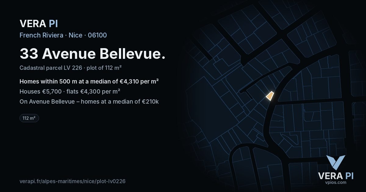 33 Avenue Bellevue, Nice at night – the plot lit, the parcels around coloured by the prices near them