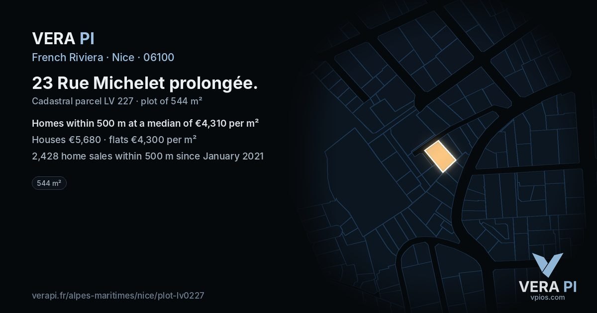 23 Rue Michelet prolongée, Nice at night – the plot lit, the parcels around coloured by the prices near them