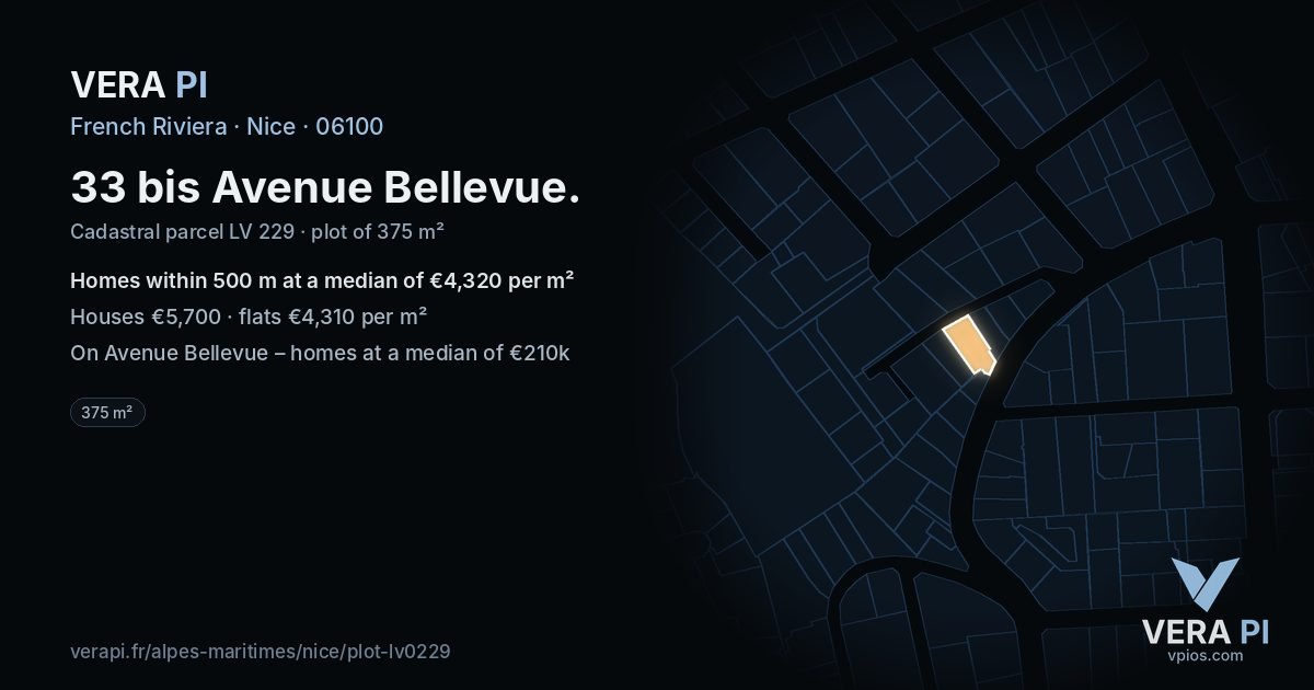 33 bis Avenue Bellevue, Nice at night – the plot lit, the parcels around coloured by the prices near them