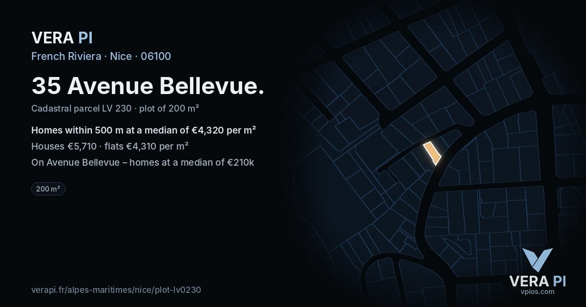 35 Avenue Bellevue, Nice at night – the plot lit, the parcels around coloured by the prices near them