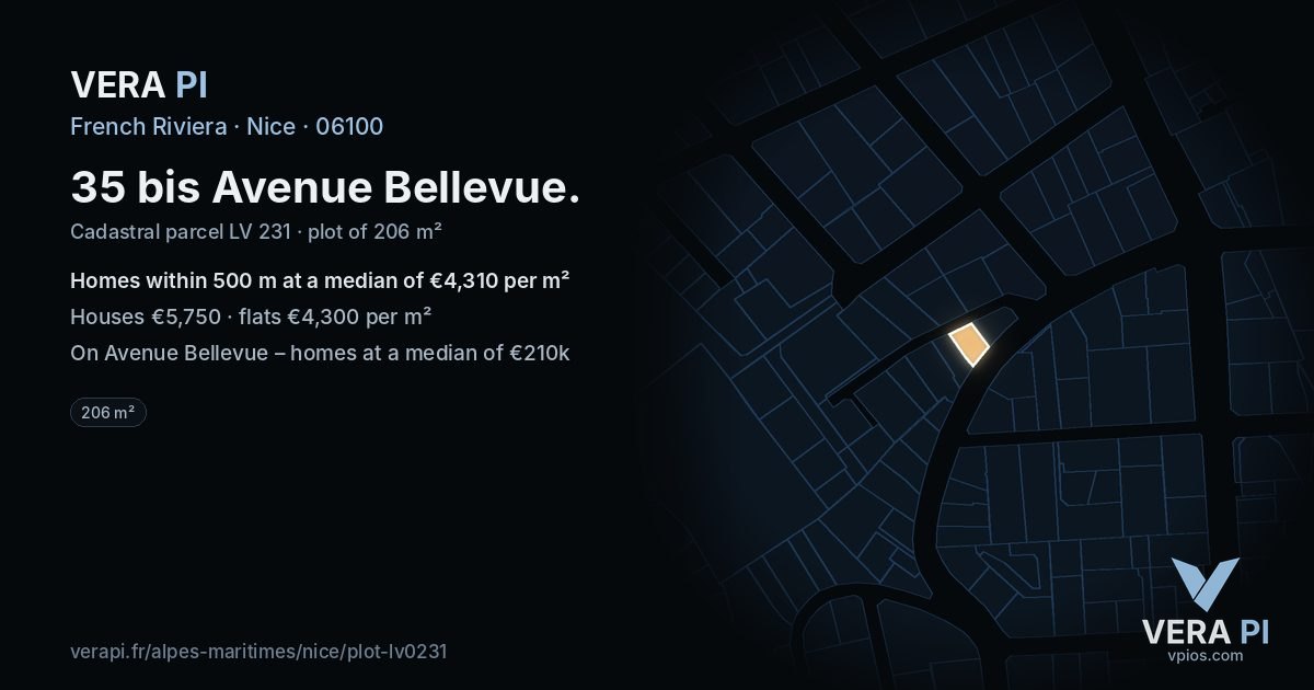 35 bis Avenue Bellevue, Nice at night – the plot lit, the parcels around coloured by the prices near them