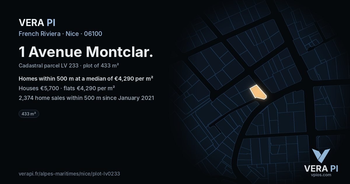 1 Avenue Montclar, Nice at night – the plot lit, the parcels around coloured by the prices near them