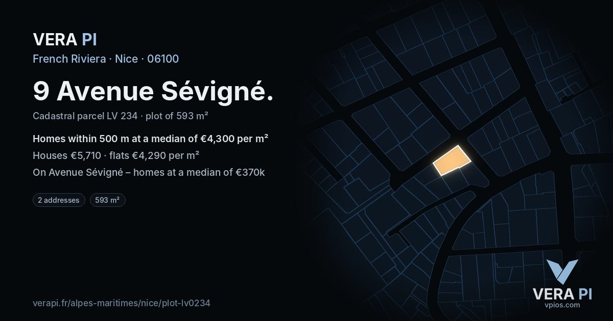 9 Avenue Sévigné, Nice at night – the plot lit, the parcels around coloured by the prices near them