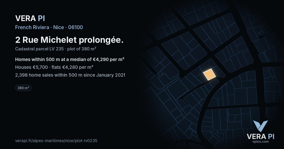 2 Rue Michelet prolongée, Nice at night – the plot lit, the parcels around coloured by the prices near them