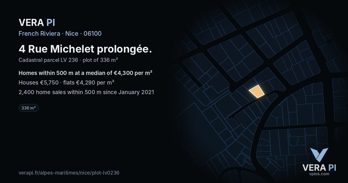 4 Rue Michelet prolongée, Nice at night – the plot lit, the parcels around coloured by the prices near them