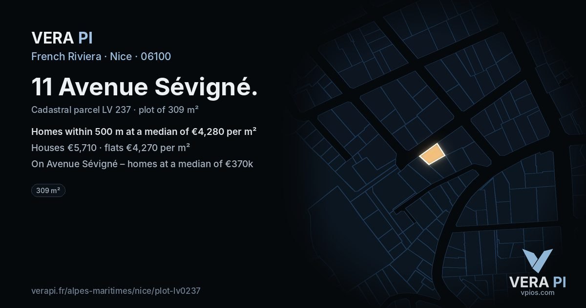 11 Avenue Sévigné, Nice at night – the plot lit, the parcels around coloured by the prices near them