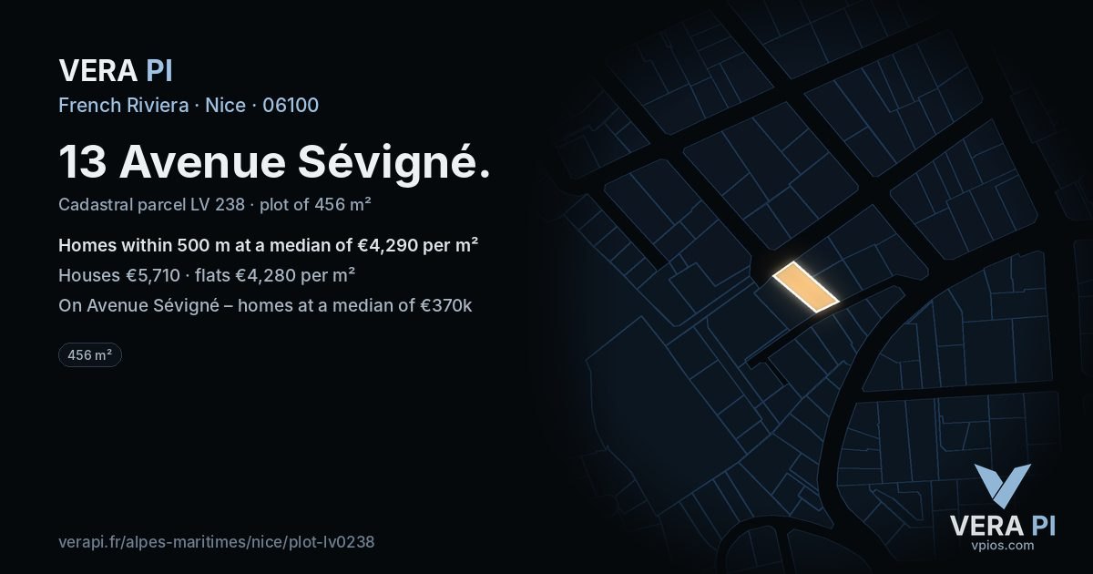 13 Avenue Sévigné, Nice at night – the plot lit, the parcels around coloured by the prices near them
