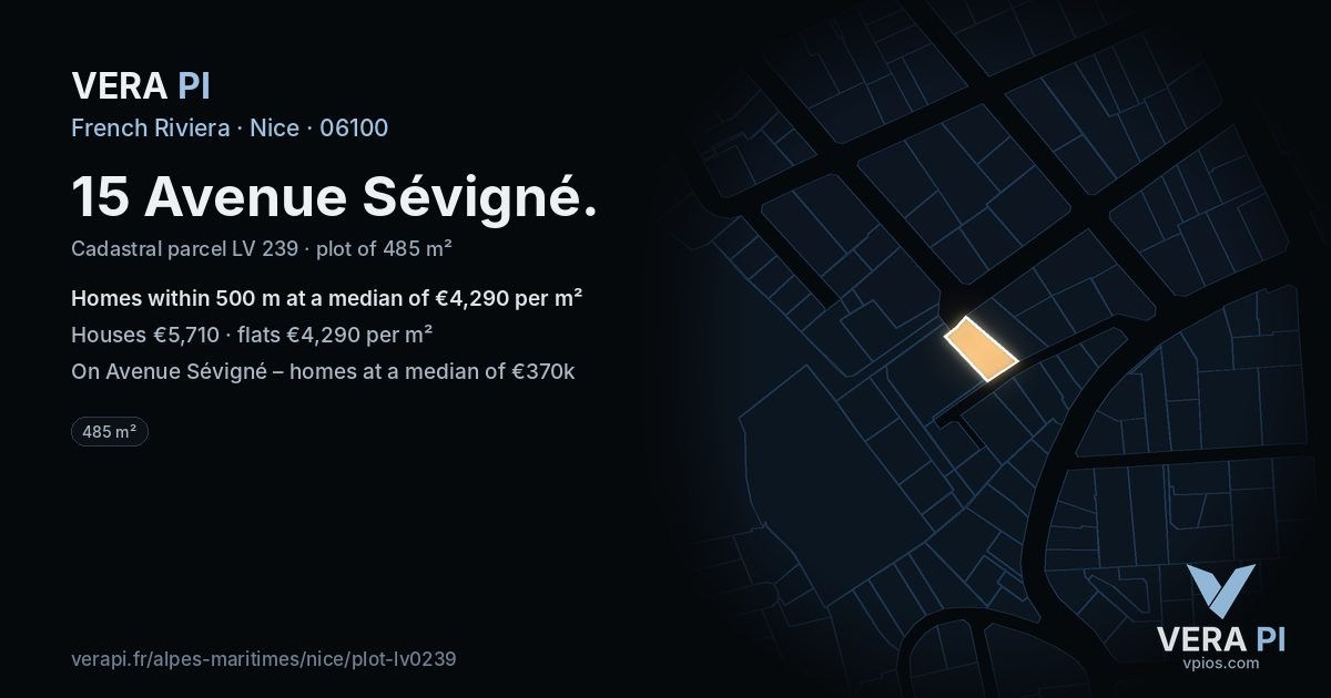 15 Avenue Sévigné, Nice at night – the plot lit, the parcels around coloured by the prices near them