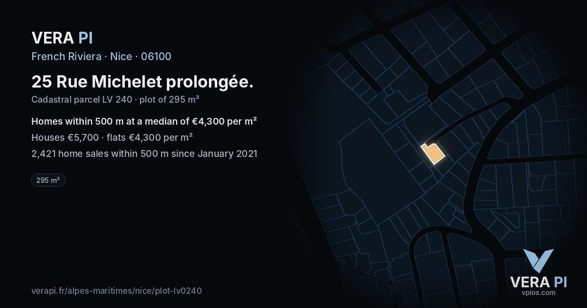 25 Rue Michelet prolongée, Nice at night – the plot lit, the parcels around coloured by the prices near them