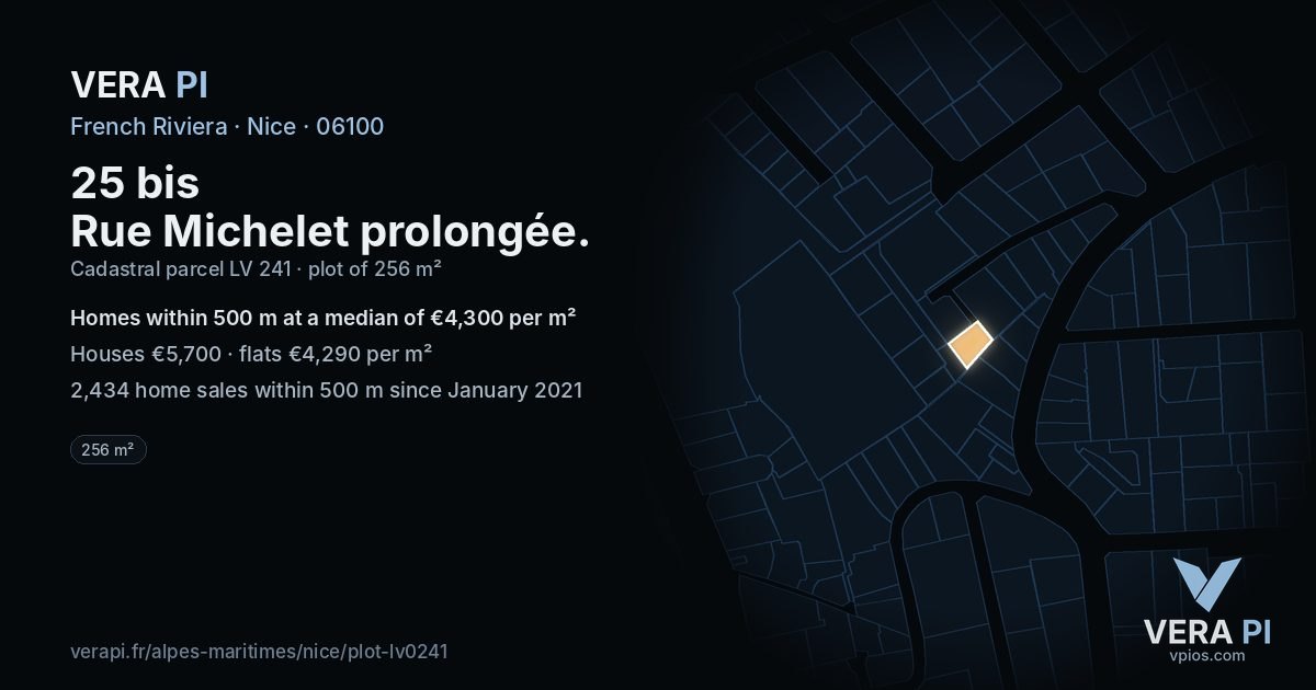 25 bis Rue Michelet prolongée, Nice at night – the plot lit, the parcels around coloured by the prices near them