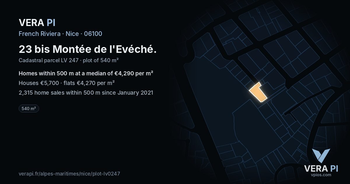 23 bis Montée de l'Evéché, Nice at night – the plot lit, the parcels around coloured by the prices near them