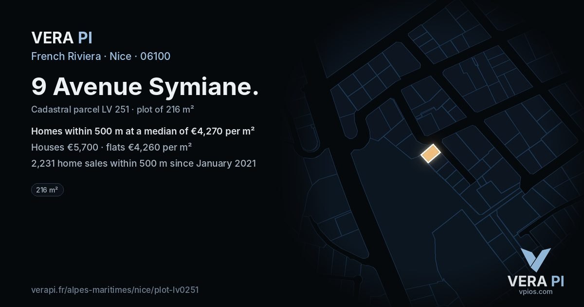 9 Avenue Symiane, Nice at night – the plot lit, the parcels around coloured by the prices near them