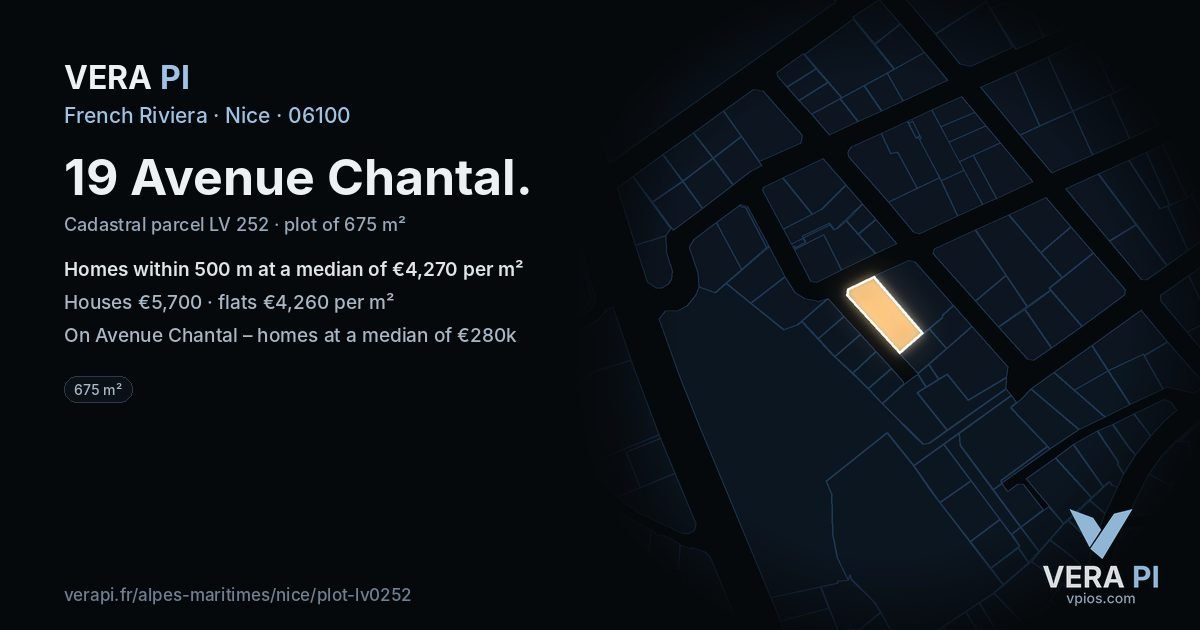 19 Avenue Chantal, Nice at night – the plot lit, the parcels around coloured by the prices near them