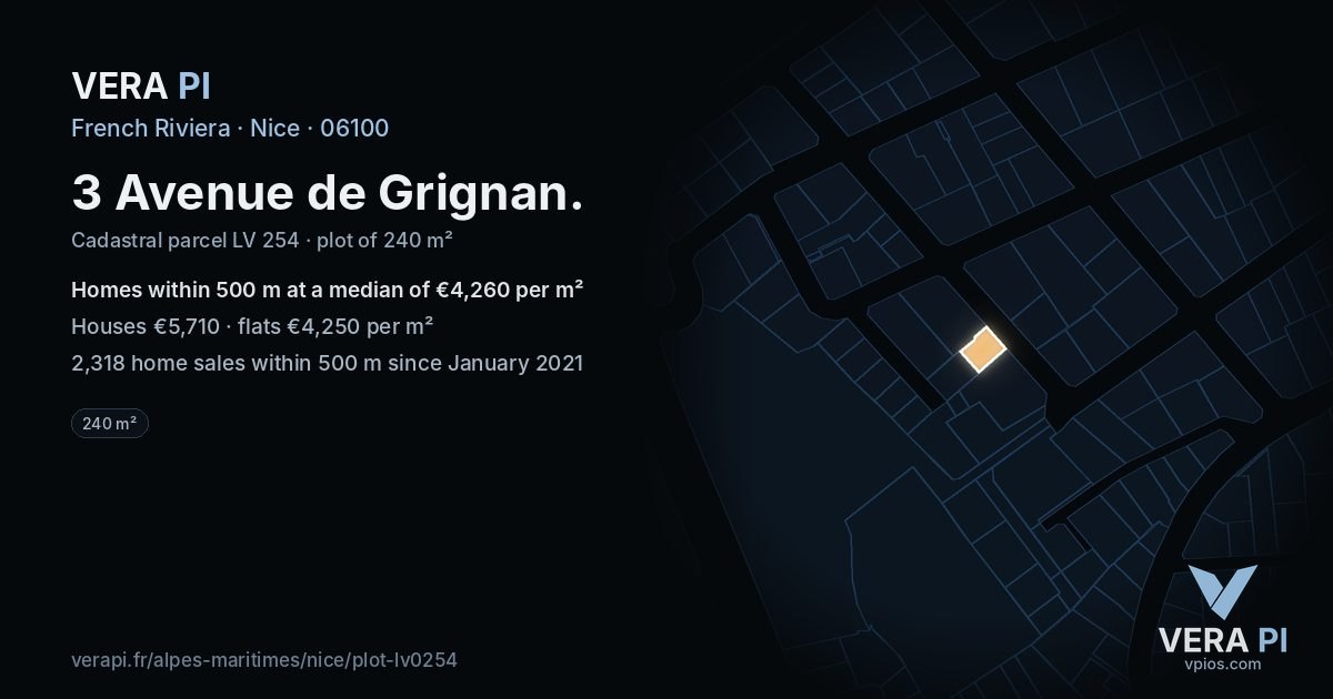 3 Avenue de Grignan, Nice at night – the plot lit, the parcels around coloured by the prices near them
