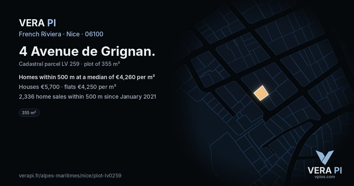 4 Avenue de Grignan, Nice at night – the plot lit, the parcels around coloured by the prices near them
