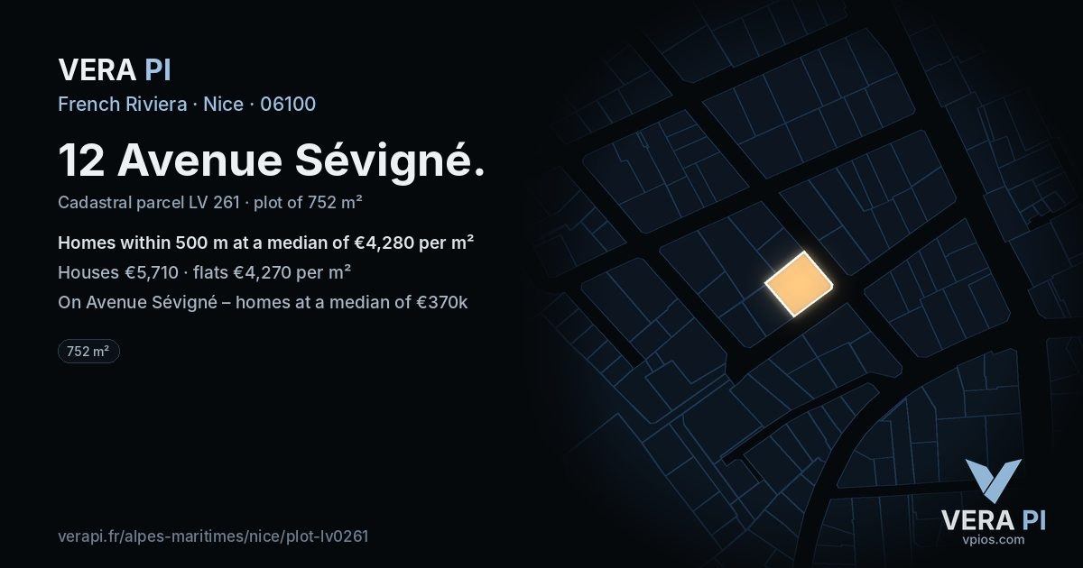 12 Avenue Sévigné, Nice at night – the plot lit, the parcels around coloured by the prices near them