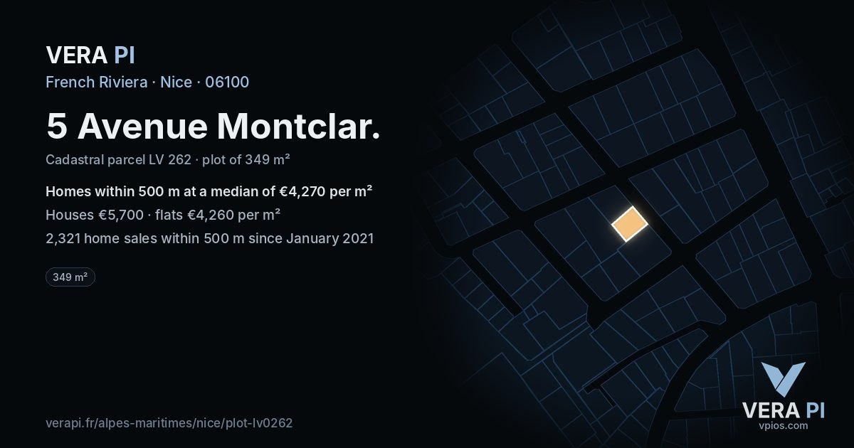 5 Avenue Montclar, Nice at night – the plot lit, the parcels around coloured by the prices near them