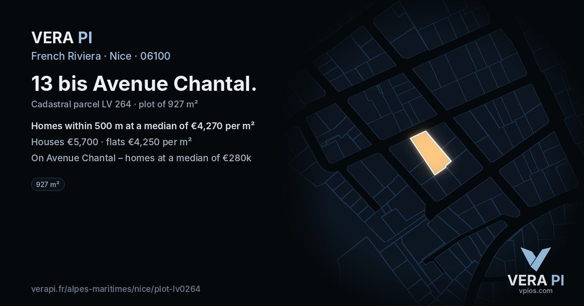 13 bis Avenue Chantal, Nice at night – the plot lit, the parcels around coloured by the prices near them