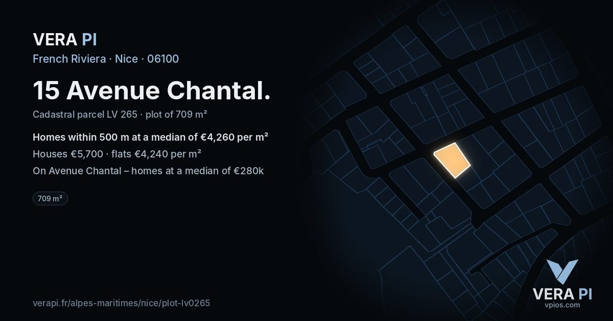 15 Avenue Chantal, Nice at night – the plot lit, the parcels around coloured by the prices near them