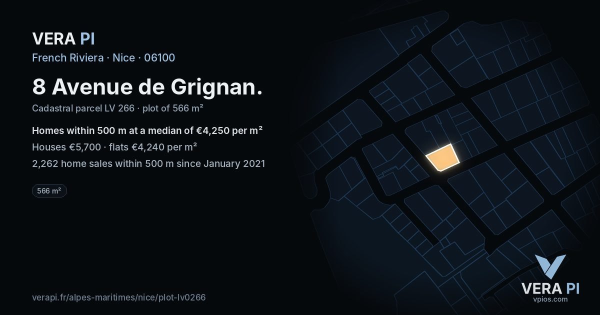 8 Avenue de Grignan, Nice at night – the plot lit, the parcels around coloured by the prices near them