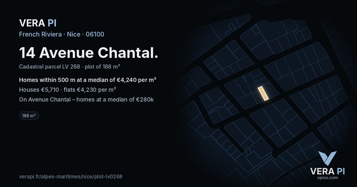 14 Avenue Chantal, Nice at night – the plot lit, the parcels around coloured by the prices near them