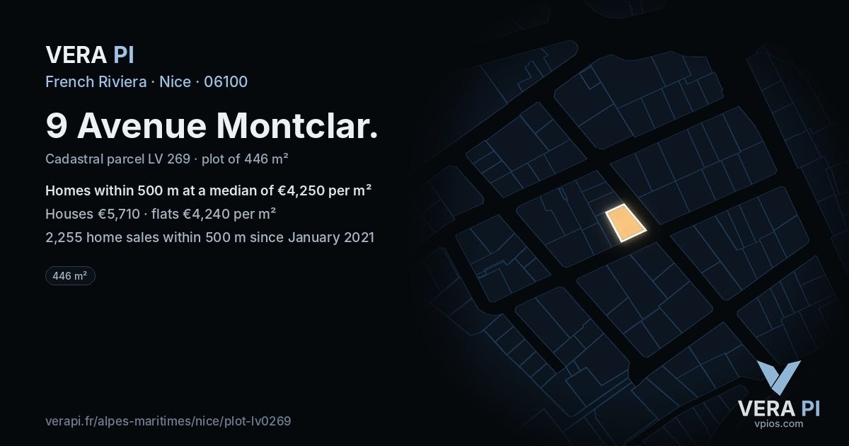 9 Avenue Montclar, Nice at night – the plot lit, the parcels around coloured by the prices near them
