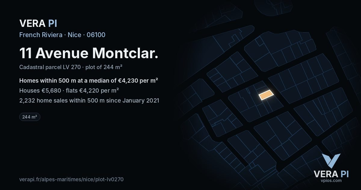 11 Avenue Montclar, Nice at night – the plot lit, the parcels around coloured by the prices near them