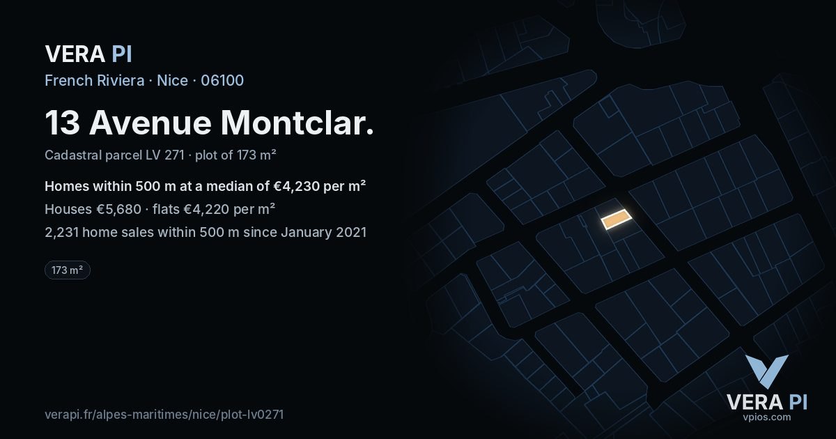 13 Avenue Montclar, Nice at night – the plot lit, the parcels around coloured by the prices near them