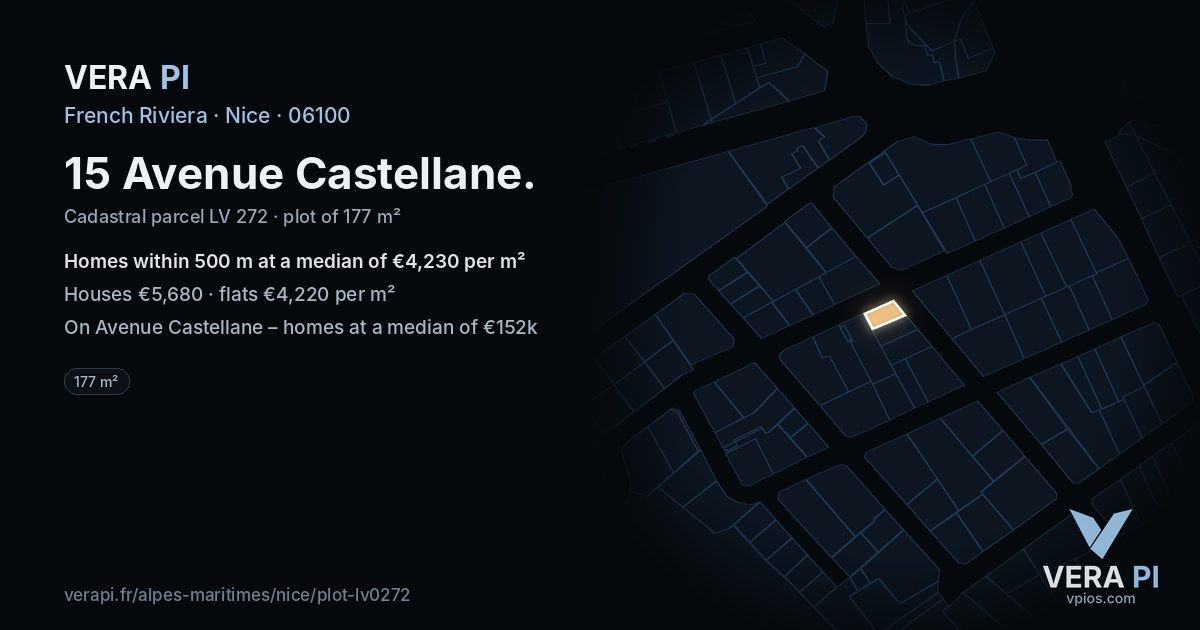 15 Avenue Castellane, Nice at night – the plot lit, the parcels around coloured by the prices near them