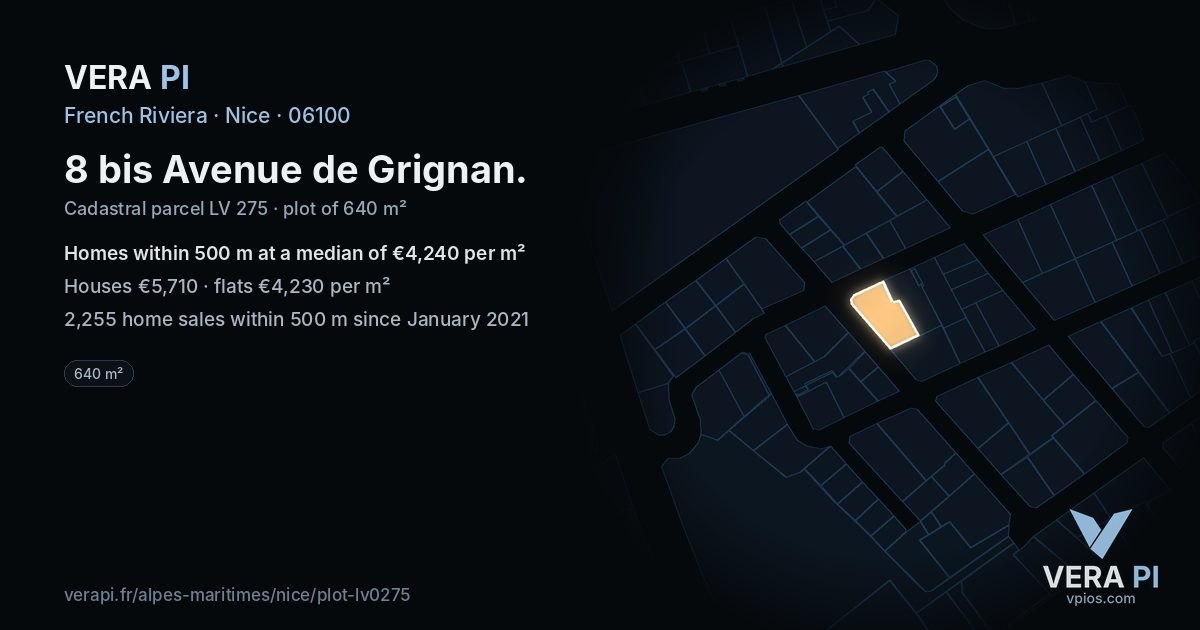 8 bis Avenue de Grignan, Nice at night – the plot lit, the parcels around coloured by the prices near them