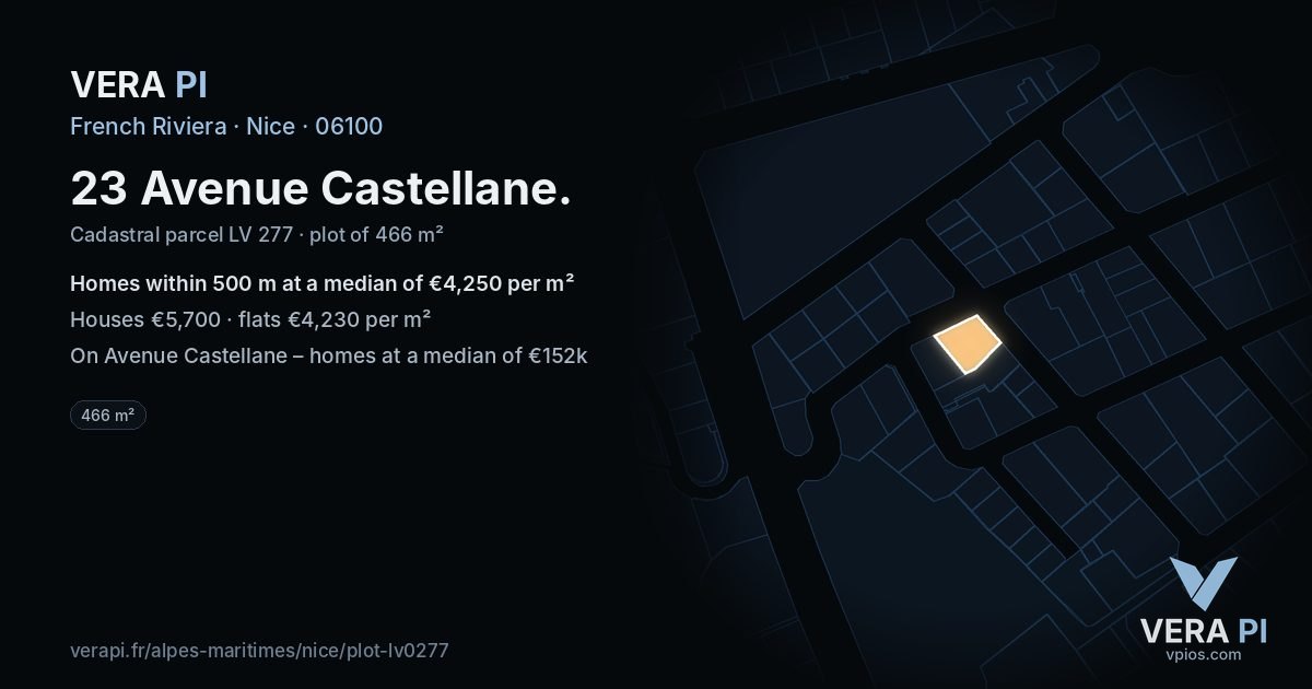 23 Avenue Castellane, Nice at night – the plot lit, the parcels around coloured by the prices near them