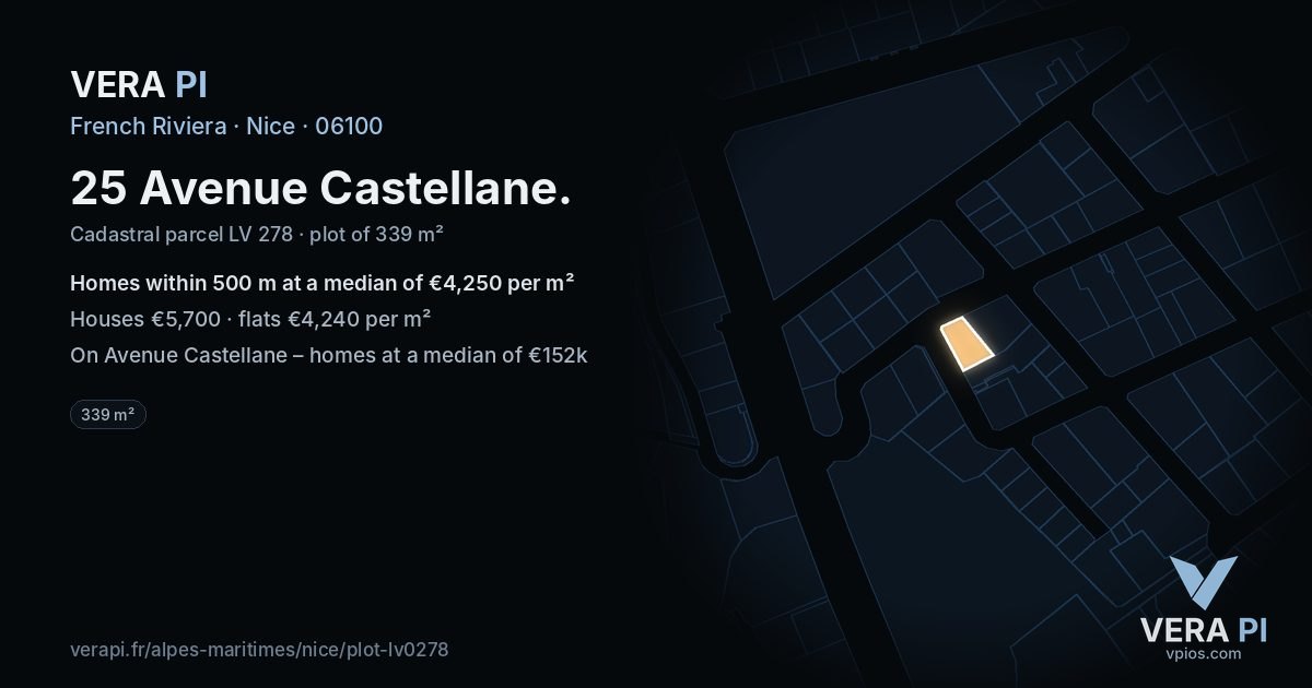 25 Avenue Castellane, Nice at night – the plot lit, the parcels around coloured by the prices near them