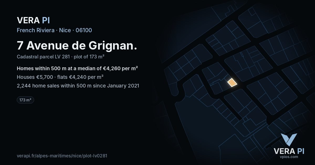 7 Avenue de Grignan, Nice at night – the plot lit, the parcels around coloured by the prices near them