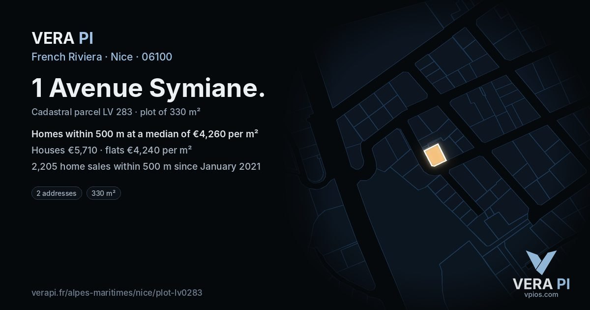 1 Avenue Symiane, Nice at night – the plot lit, the parcels around coloured by the prices near them
