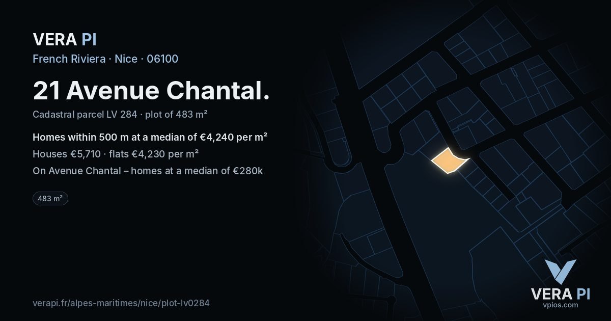 21 Avenue Chantal, Nice at night – the plot lit, the parcels around coloured by the prices near them