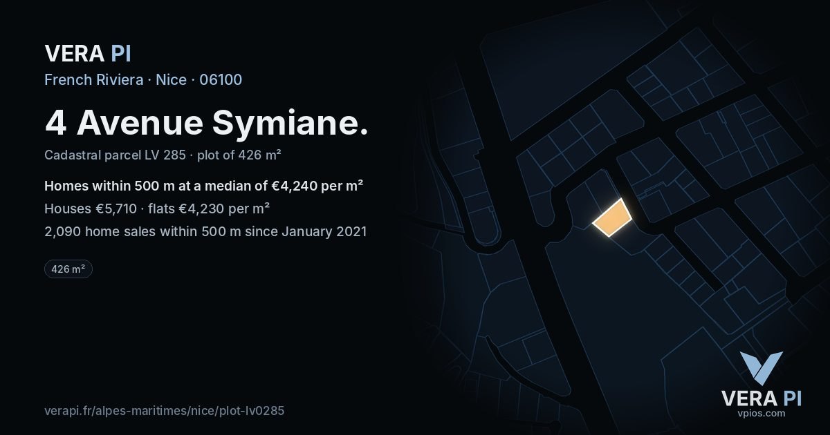 4 Avenue Symiane, Nice at night – the plot lit, the parcels around coloured by the prices near them