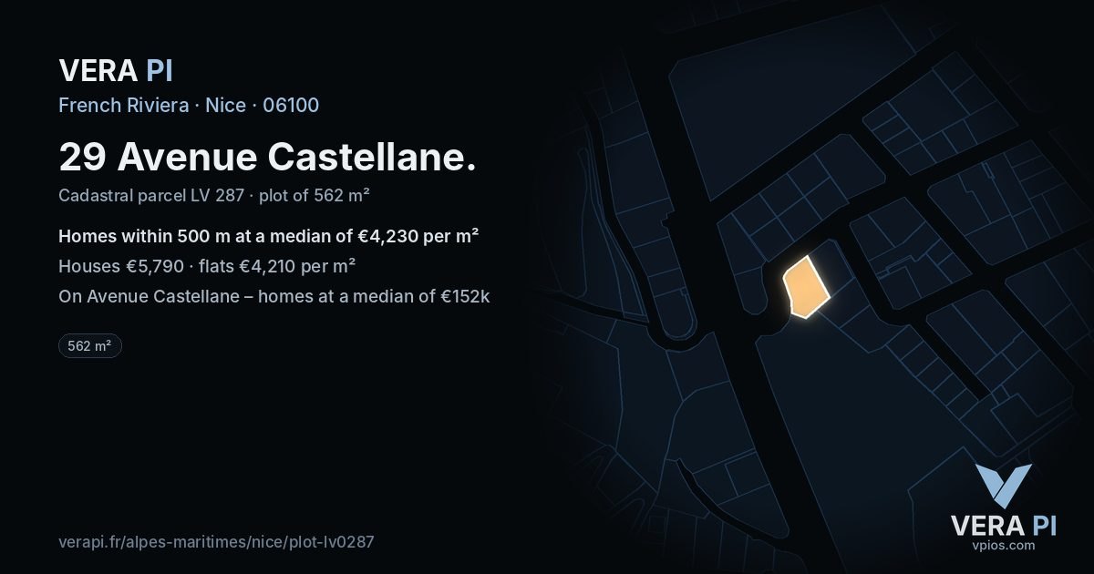 29 Avenue Castellane, Nice at night – the plot lit, the parcels around coloured by the prices near them