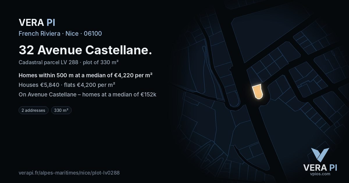 32 Avenue Castellane, Nice at night – the plot lit, the parcels around coloured by the prices near them