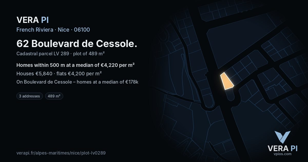 62 Boulevard de Cessole, Nice at night – the plot lit, the parcels around coloured by the prices near them
