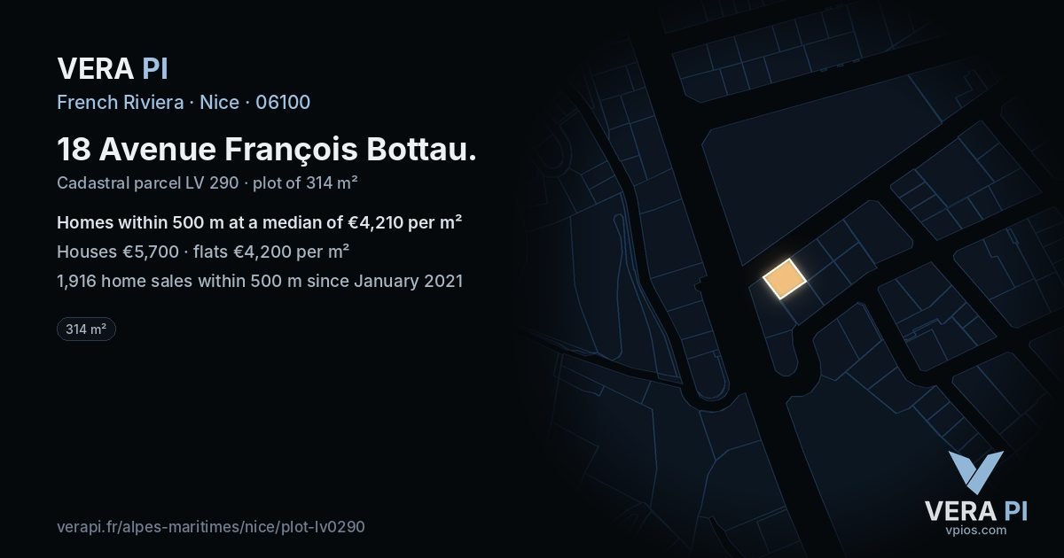 18 Avenue François Bottau, Nice at night – the plot lit, the parcels around coloured by the prices near them